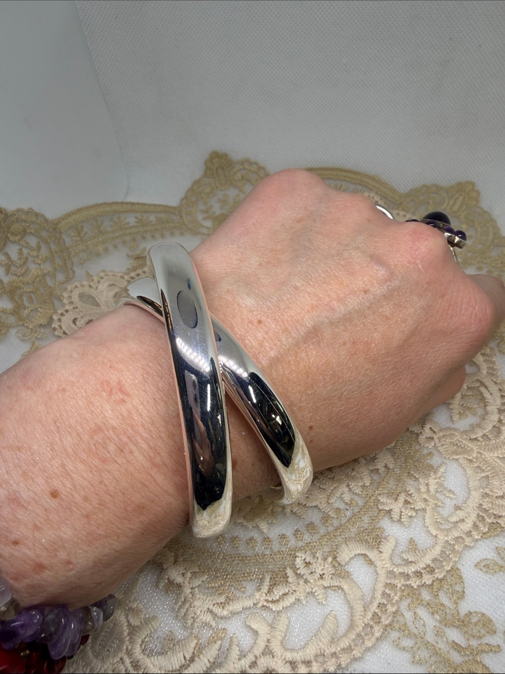 925 Sterling Silver Double Tube Bangle Twisted Bracelet Set Bold High Shine